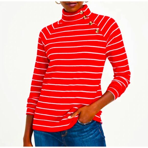 LOFT Striped Waffle-Knit Mock Neck Sweater Red White Transitional Size XL - Picture 1 of 8